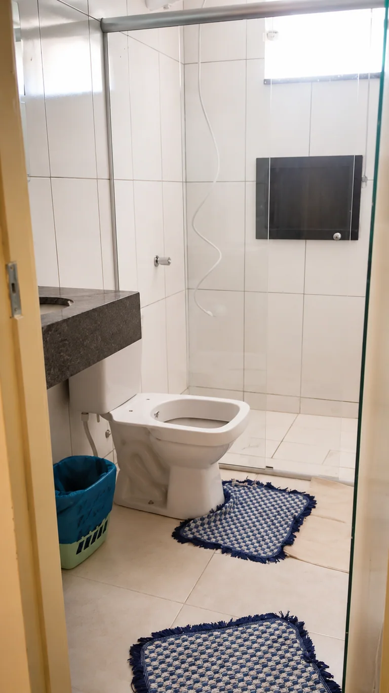 Banheiro com box de vidro, vaso sanitario e pia com bancada escura