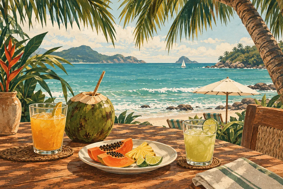 Ilustração de uma mesa com frutas e bebidas sob a sombra de coqueiros, diante do mar