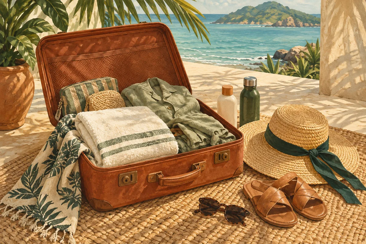 Ilustração de uma mala aberta com toalha, roupas, chapéu e itens para a praia